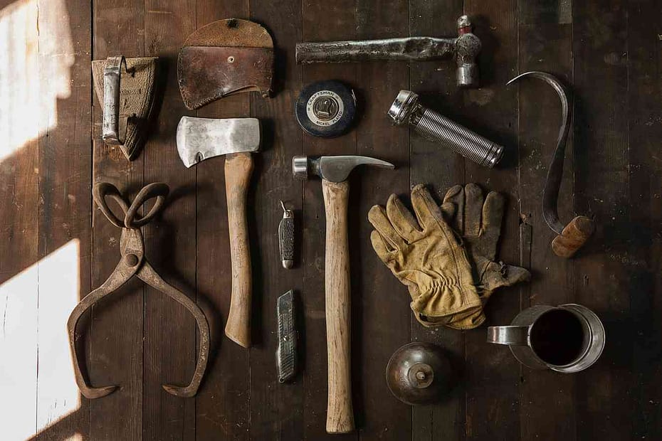 Tools laid out on a wooden table