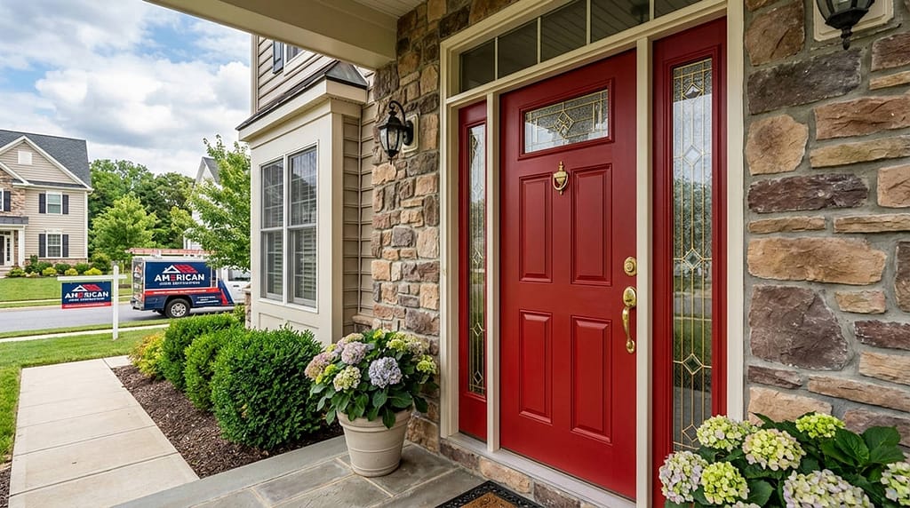 Red entry door installed on house in Maryland