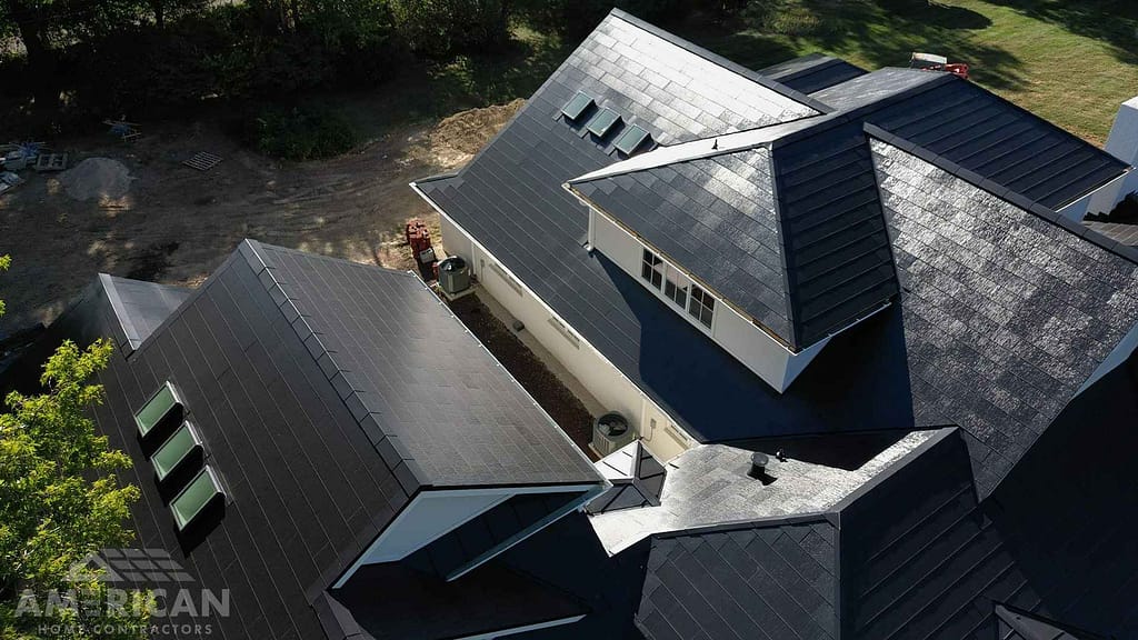 Tesla solar roof from top via drone