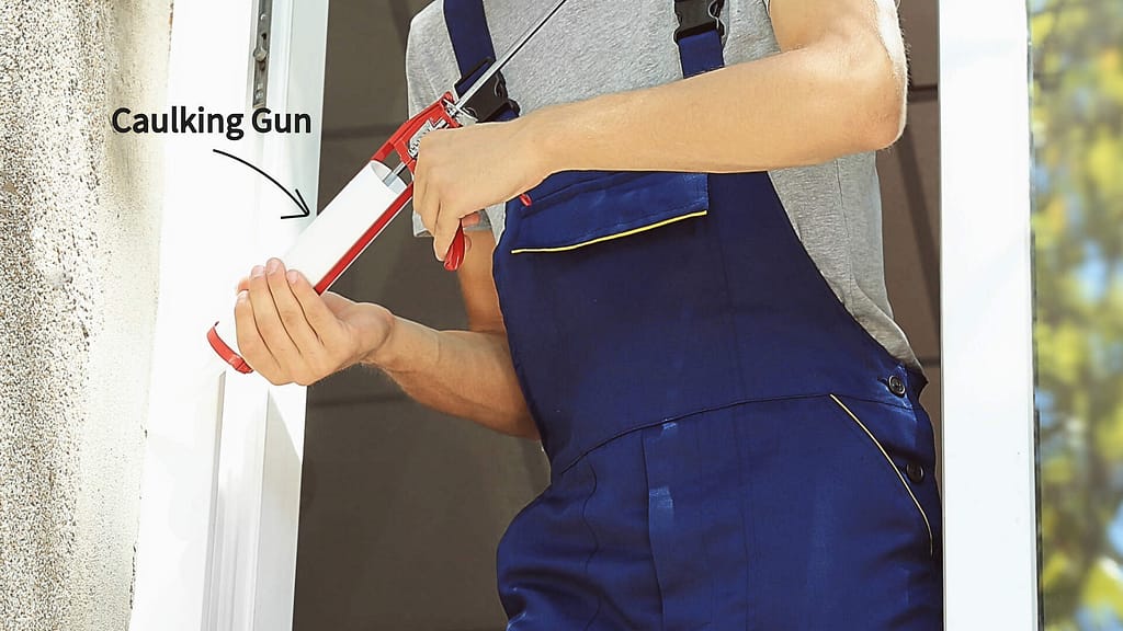 person using a caulking gun on a window