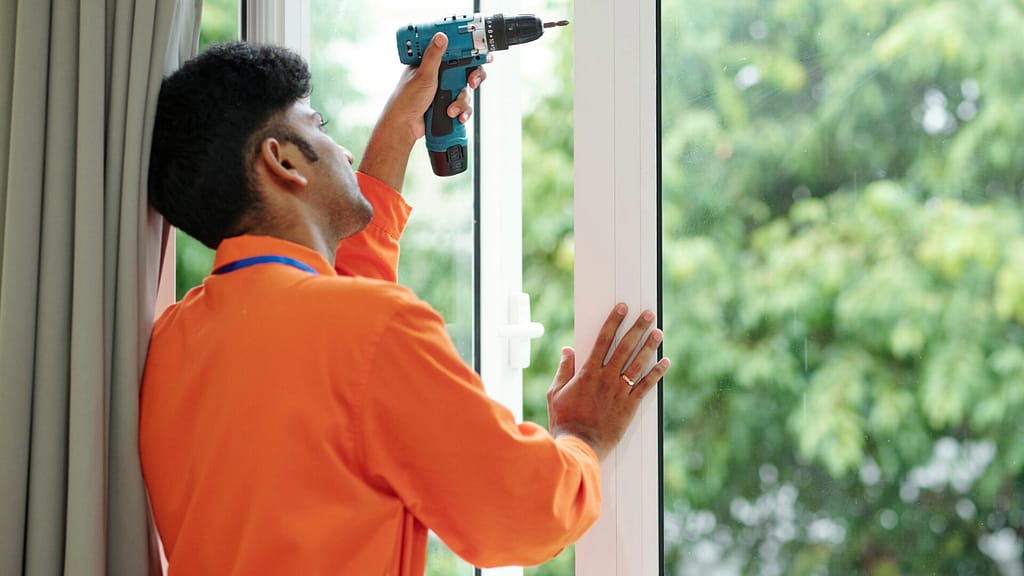 worker installing a new window using a drill
