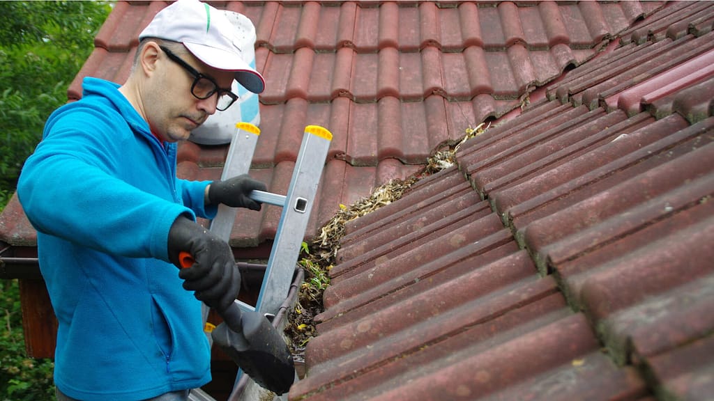 Person cleaning gutter using gutter scoop