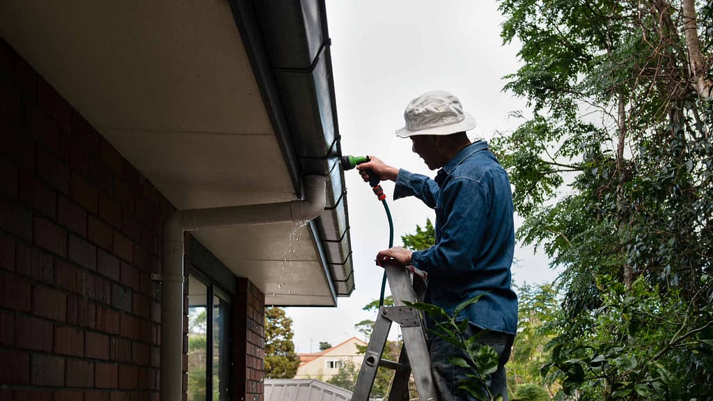 Person flushing gutter using a garden hose