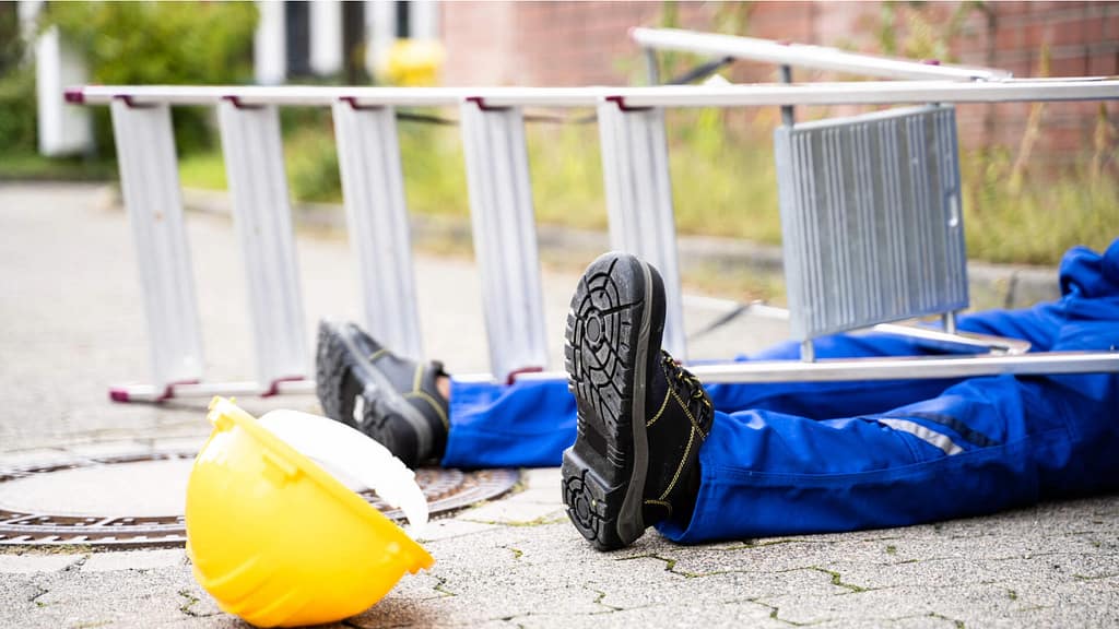 Person wearing safety gear lying down on the ground due to falling from ladder