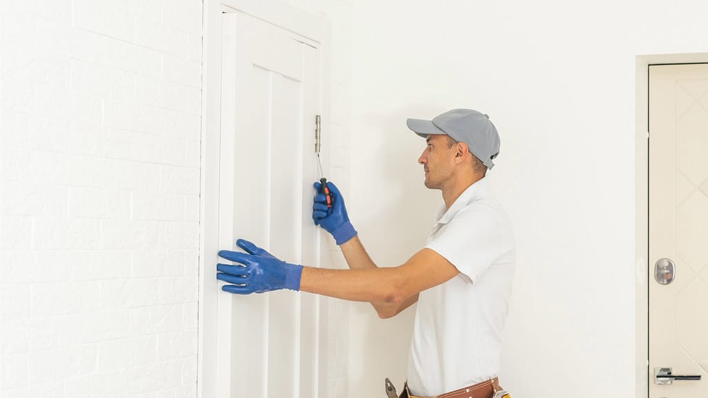 Person removing hinge screws of a door