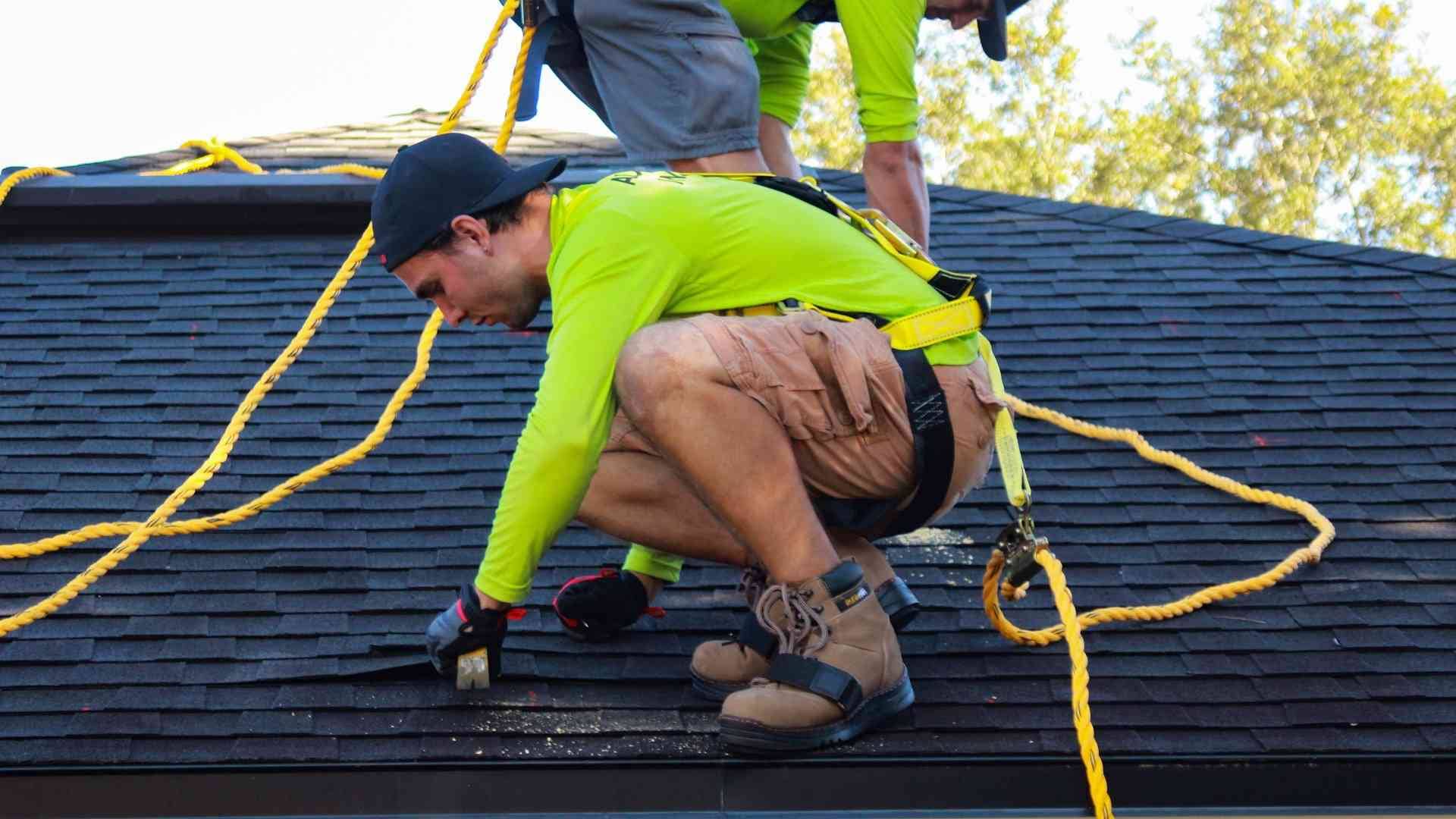 Roofing contractors working on an asphalt shingle roof