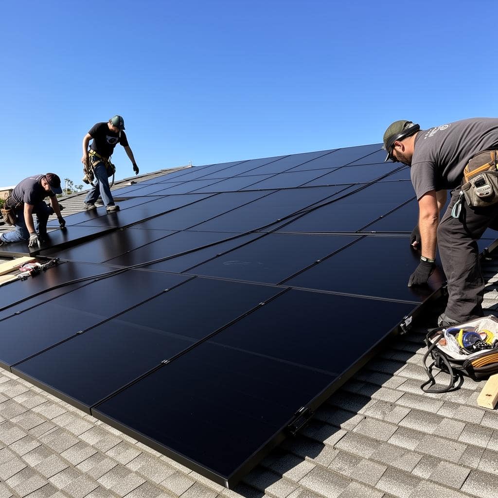 Technicians installing solar panels on a roof