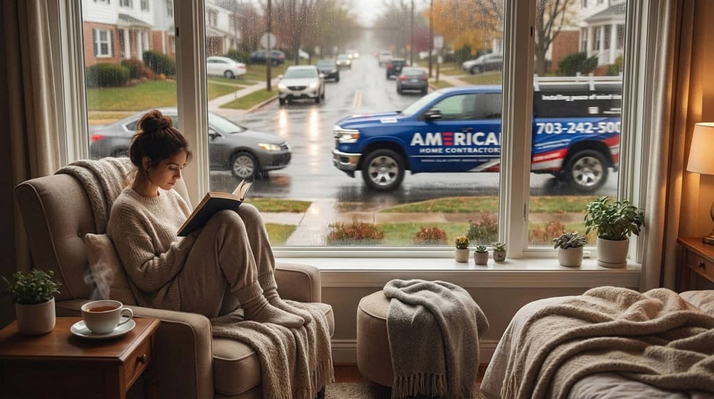 Female sitting inside of home on a busy street