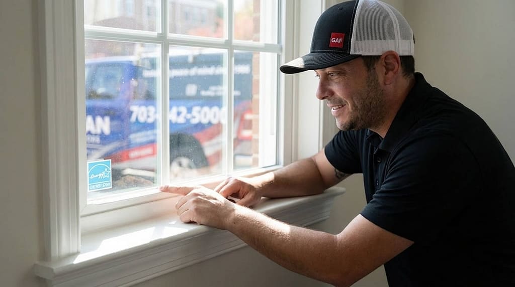 AHC technician pointing to energy efficient window