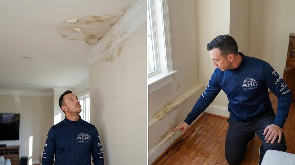 AHC technician inspecting water damage in home