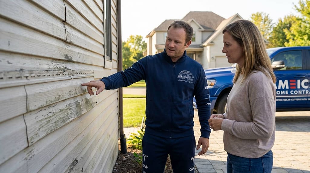 AHC technician discussing damaged siding