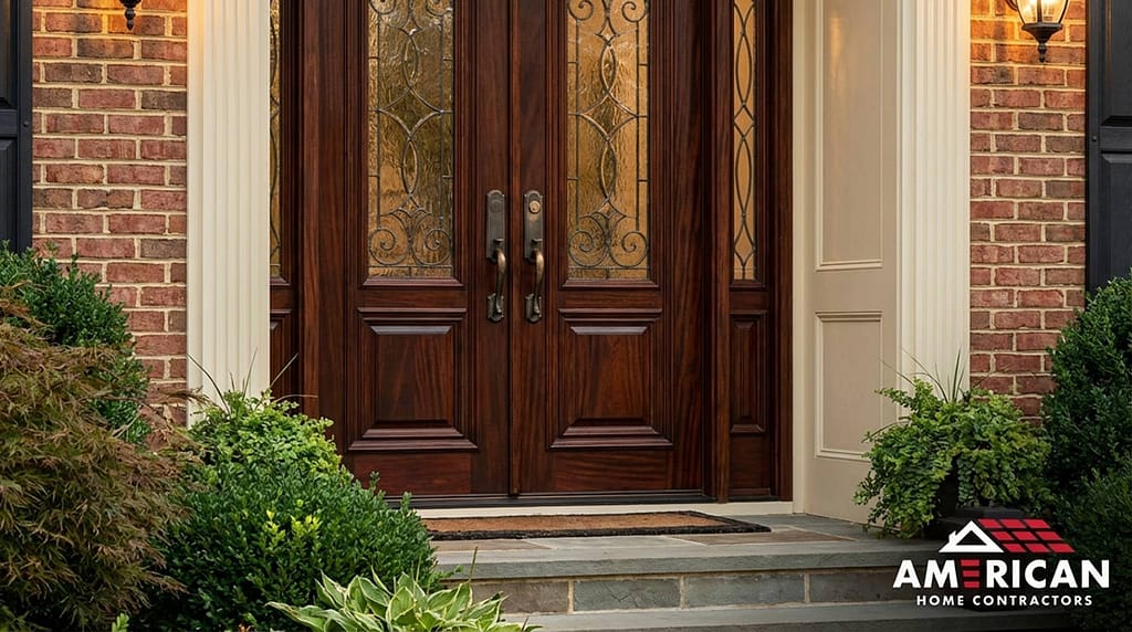 Wood entry door on modern home