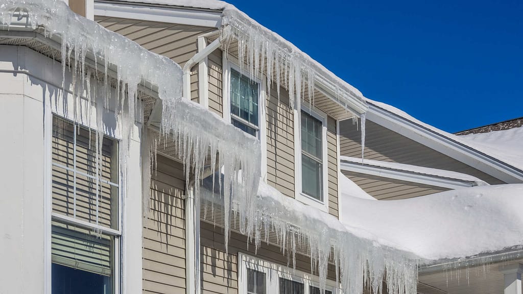 Ice dams and snow on roof a Maryland Roof