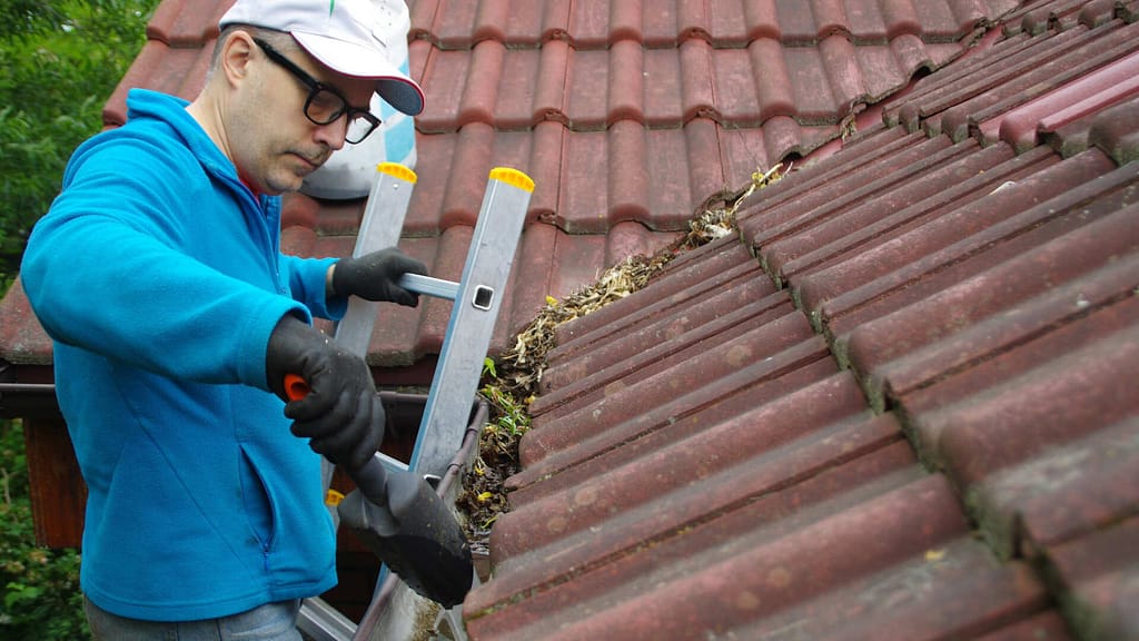 Person cleaning the gutter