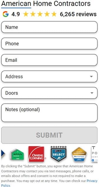 American Home Contractors roof repair contact form placeholder