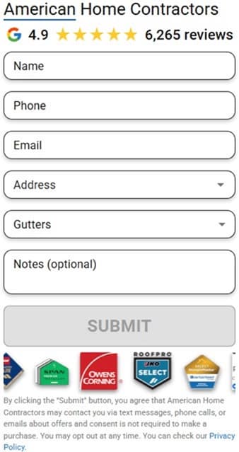 American Home Contractors roof repair contact form placeholder