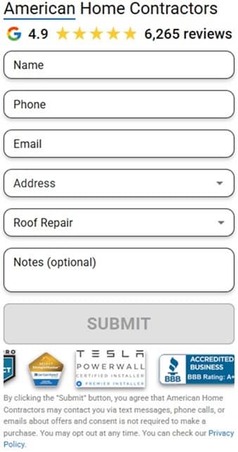 American Home Contractors roof repair contact form placeholder