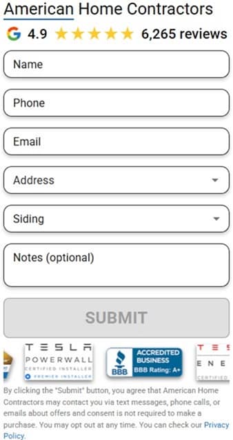 American Home Contractors roof repair contact form placeholder