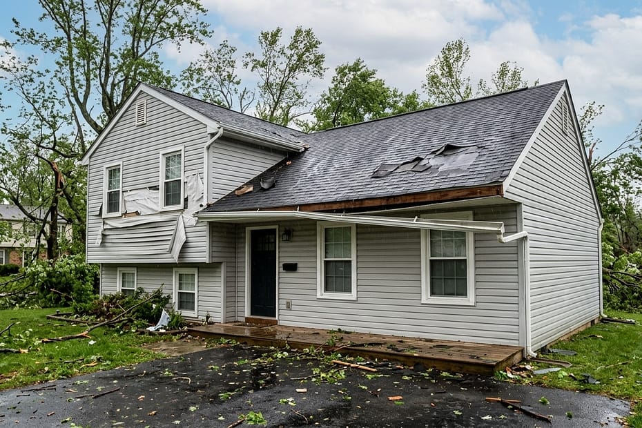 Home with storm damage including roof holes, sagging gutters, and other signs of wind and heavy rain damage