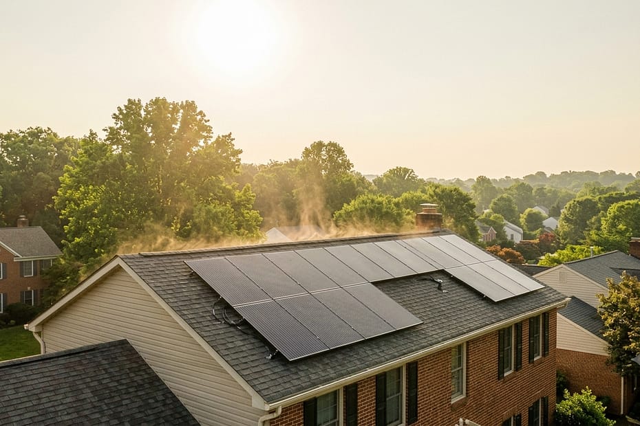 Maryland rooftop with solar panels in summer heat