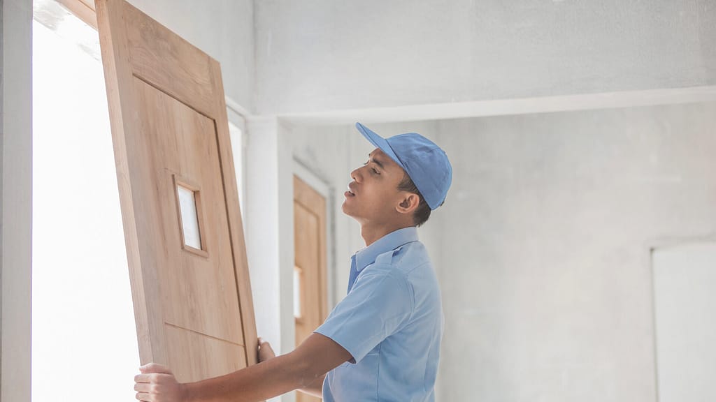 person installing a new door