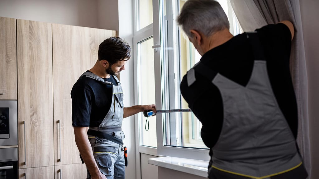 two person measuring a window 