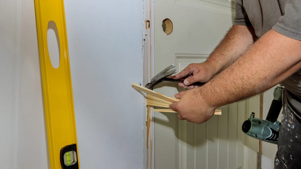 person putting shims on a sagging door